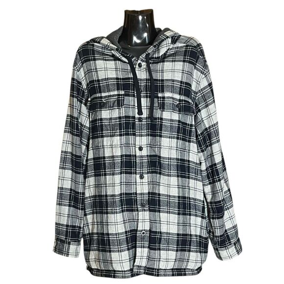 L.L. Bean Fleece Lined Flannel Mens Traditional Fit Hooded Plaid Blue Sz L - Picture 1 of 8